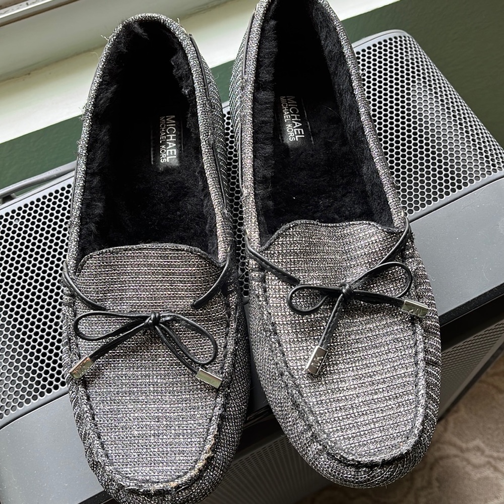 Michael Kors Moccasin Style Fur Lined Shoe- Black/Silver & Sparkly Size 9 M
